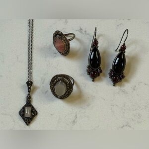 Vintage Art Deco Jewelry Moonstone Marcasite Rhodochrosite Onyx Amethyst